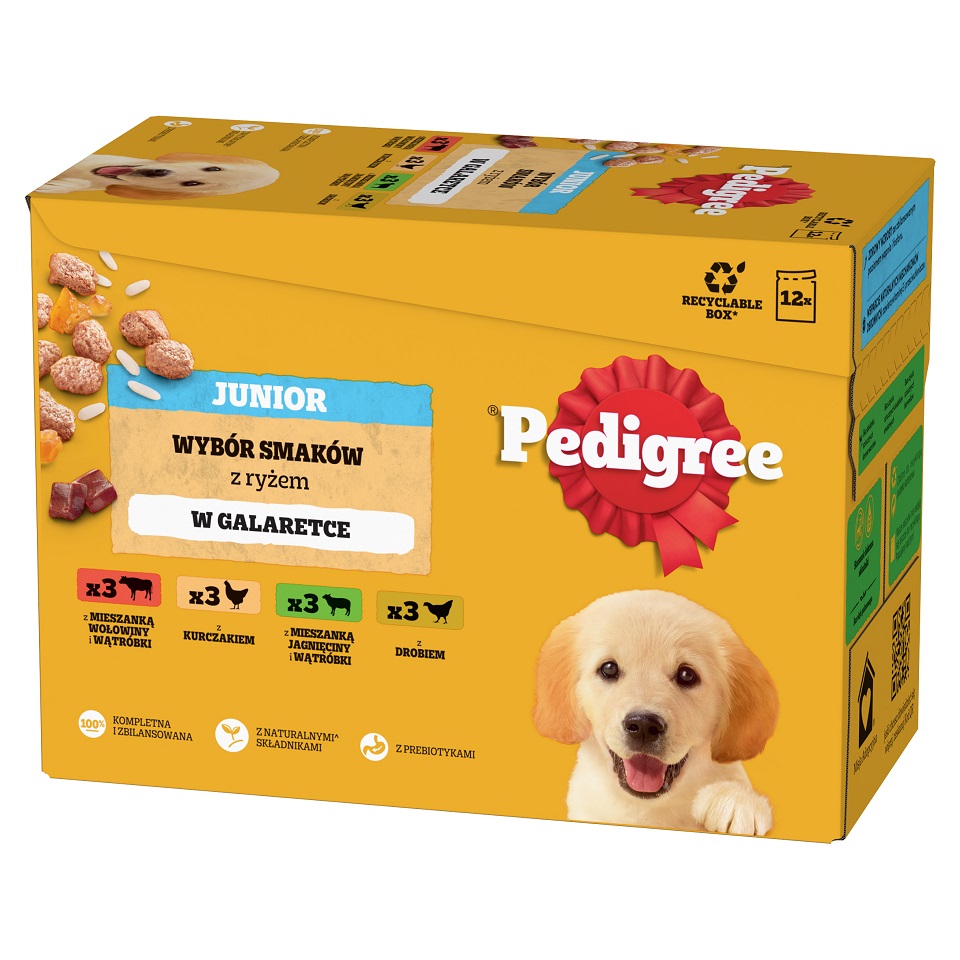 PEDIGREE Junior Mix Beutel mit Reis 12x100g: Nassfutter für Welpen mit einer Mischung aus Rindfleisch, Leber und Reis, mit Huhn und Reis, mit Lammfleisch, Leber und Reis, mit Geflügel und Reis, in Gelee