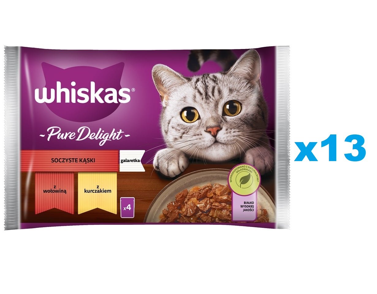 WHISKAS Adult 52x85g: Nassfutter für Katzen mit Rindfleisch und Huhn
