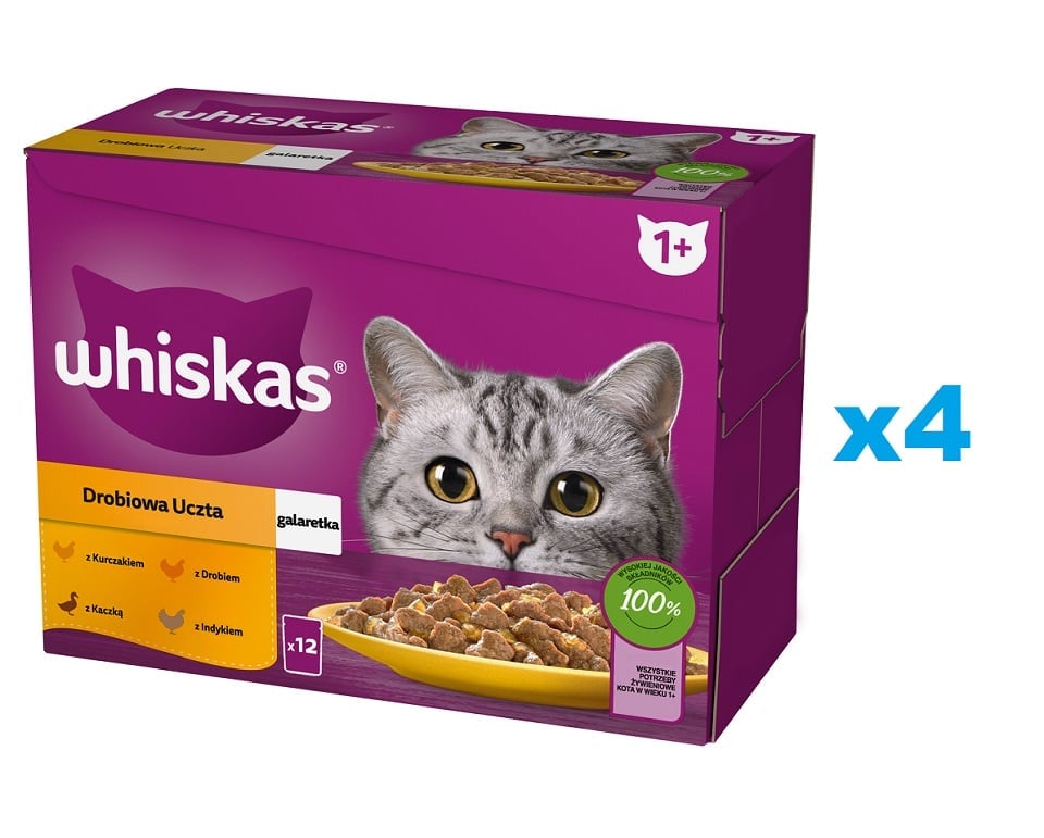 WHISKAS Adult 48x85g: Nassfutter für adulte Katzen mit Huhn, Ente, Geflügel und Pute in Gelee