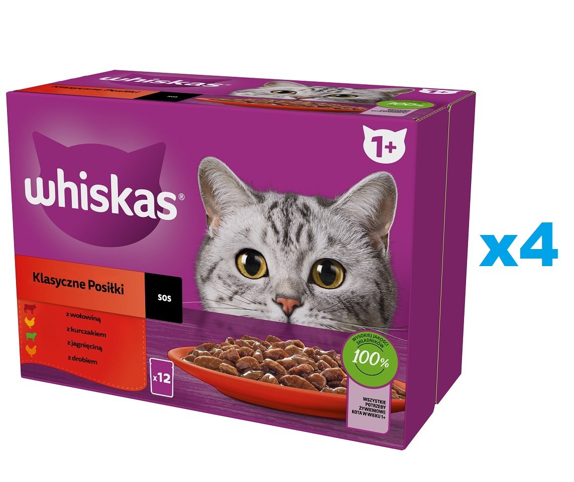 WHISKAS Adult Classic Meals 48x85g: Katzennassfutter mit Rindfleisch, Huhn, Lamm und Geflügel in Sauce