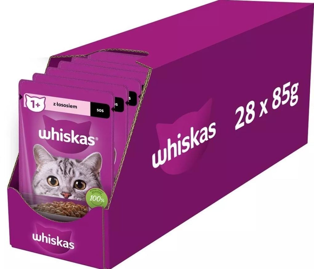 WHISKAS Adult 28x85g: Nassfutter für adulte Katzen mit Lachs in Sauce