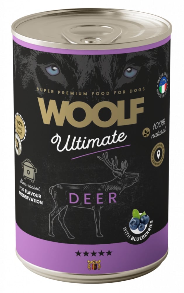 WOOLF Ultimate Adult Dog Deer and Blueberries 400g feuchte Nahrung mit Wild und Heidelbeeren für Hunde