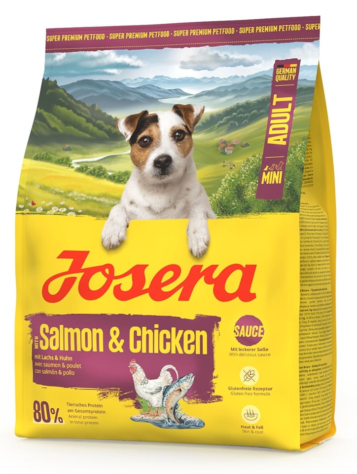JOSERA Mini Adult Salmon and Chicken glutenfreie Nahrung mit Sauce für kleine Hunderassen 900g