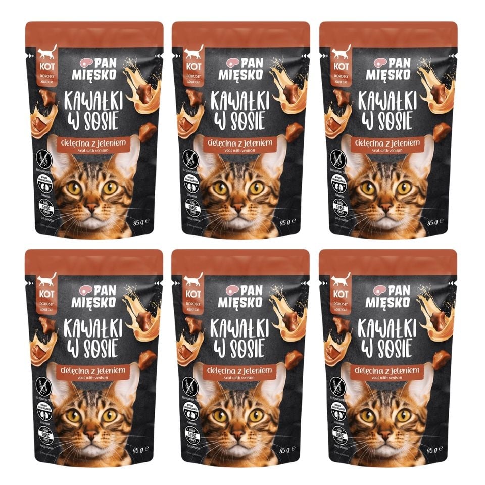 PAN MIĘSKO Nassfutter mit Kalb und Hirsch in Soße für adulte Katzen getreidefrei 6x85 g