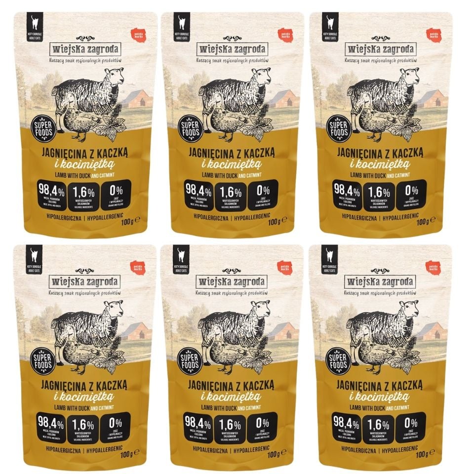 WIEJSKA ZAGRODA Superfoods Lamm mit Ente und Katzenminze feuchte Nahrung für Katzen 6x100 g