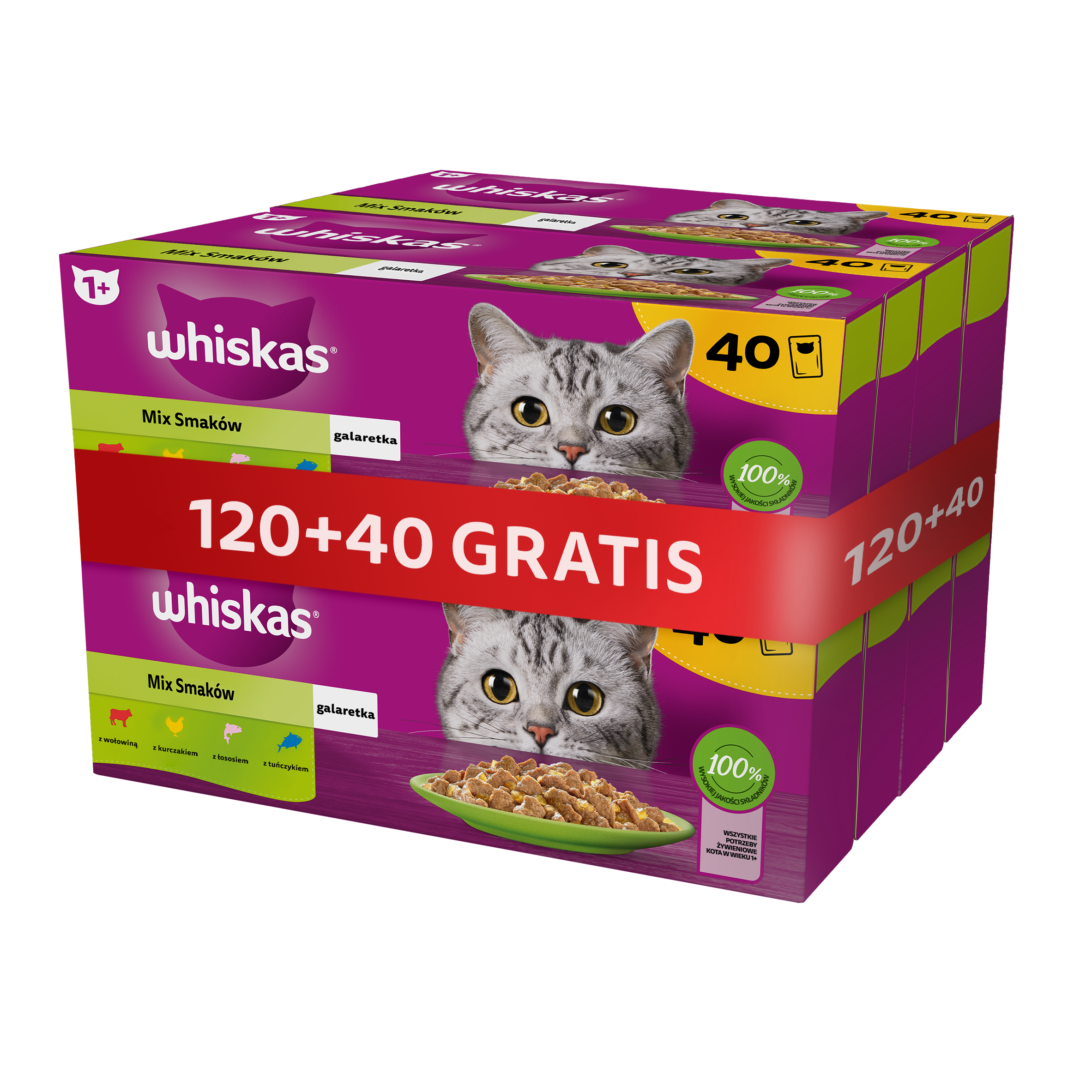 WHISKAS Adult 120x85g Nassfutter für Katzen in Gelee mit Fisch Geschmacks (mit Huhn, Lachs, Rind, Thunfisch) + 40 Beutel GRATIS