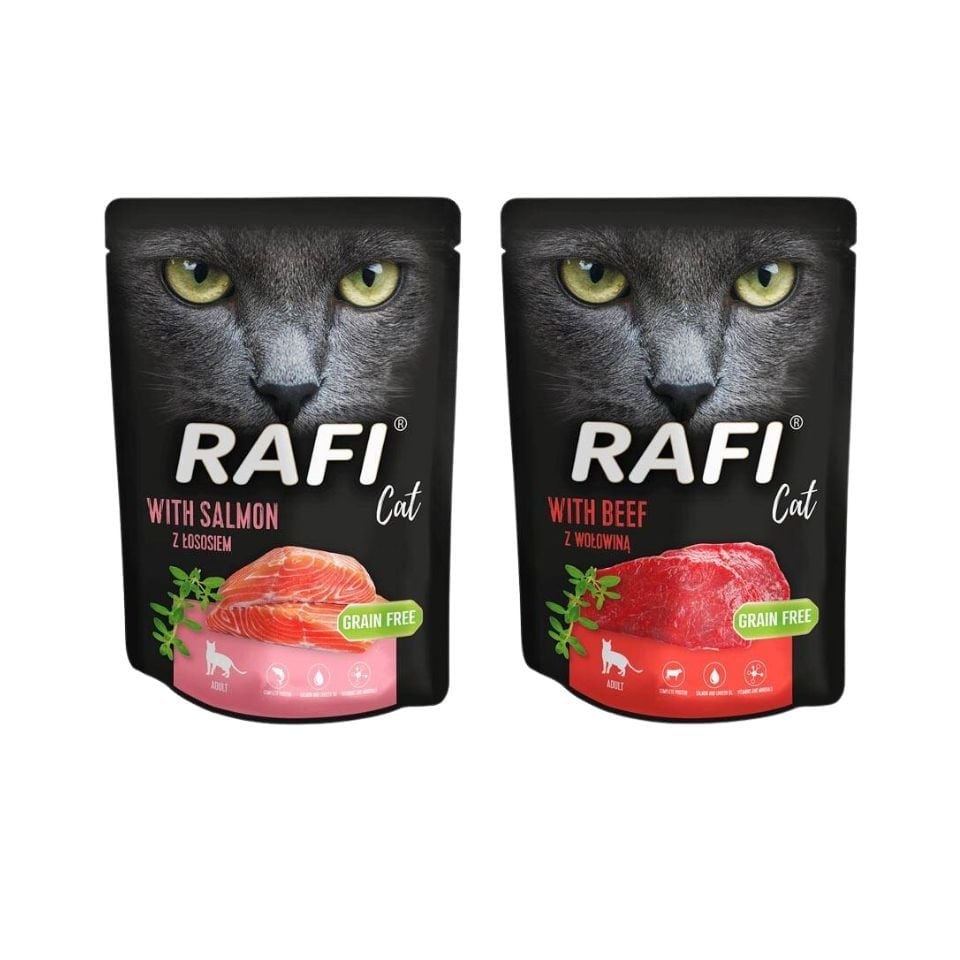 DOLINA NOTECI Rafi Nassfutter mit Lachs 10x300 g + Rind für adulte Katzen getreidefrei 10x300 g