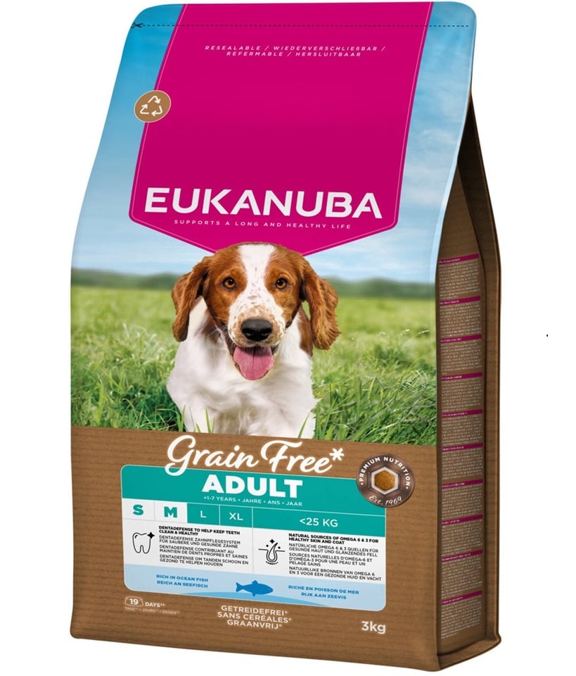 EUKANUBA Grain Free Adult getreidefreies Futter mit Fisch für adulte Hunde kleiner und mittlerer Rassen 3 kg