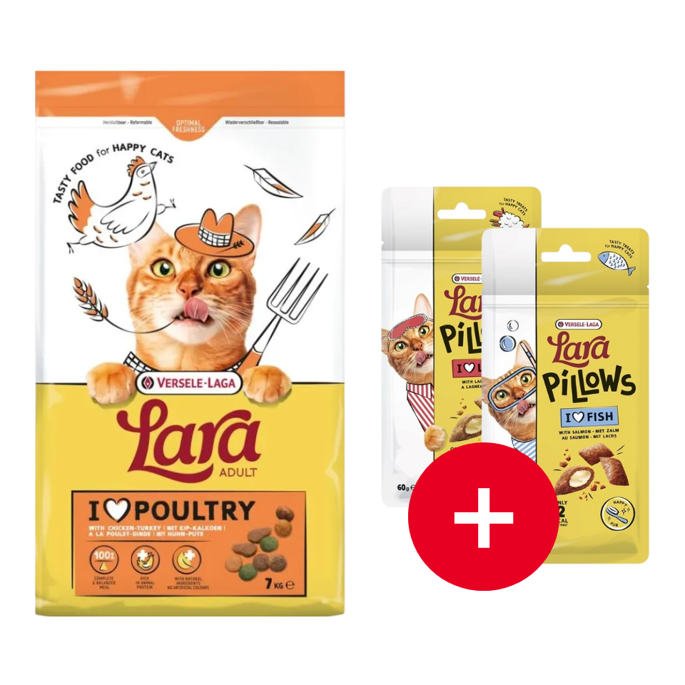 VERSELE-LAGA Lara Adult Turkey and Chicken mit Truthahn und Huhn für Katzen 7 kg + 2 Snacks