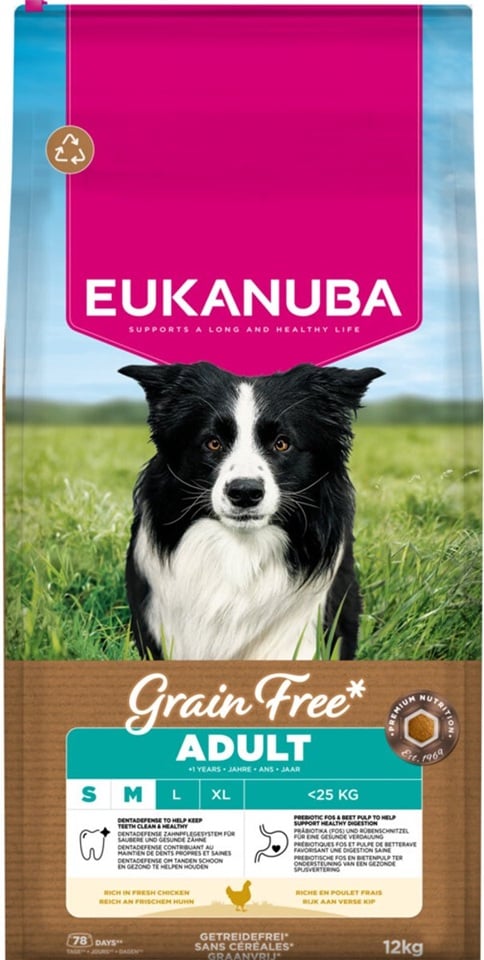 EUKANUBA Grain Free Adult Small Medium Chicken 12 kg getreidefreies Futter für kleine und mittelgroße Hunderassen mit Huhn