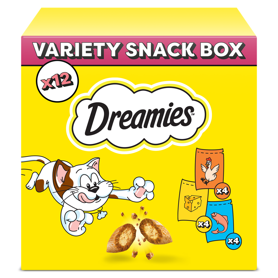 DREAMIES Snacks Mix mit Huhn Käse Lachs knusprig für Katzen 12 x 60g