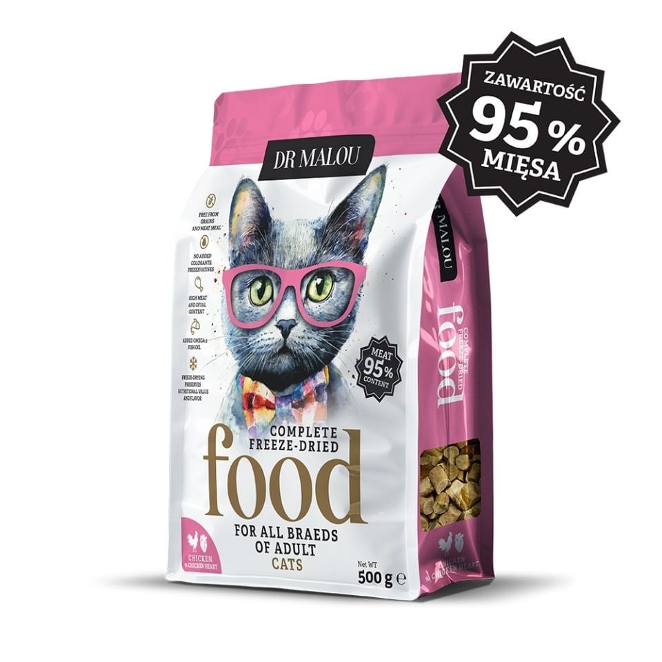 DR MALOU Gefriergetrocknetes Futter mit Huhn und Hühnerherzen, 500 g, Trockenfutter für Katzen