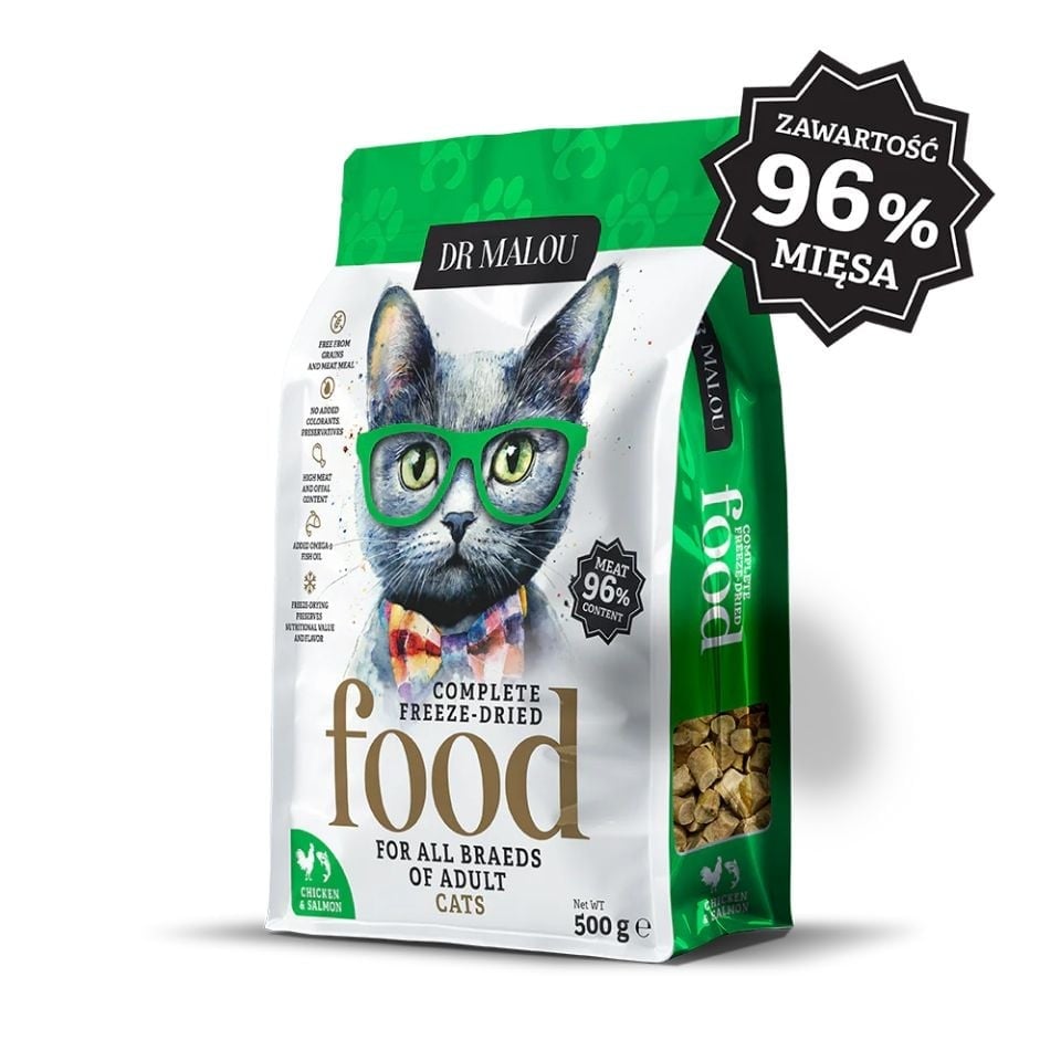 DR MALOU Gefriergetrocknetes Futter Huhn mit Lachs 500g Trockenfutter für Katzen