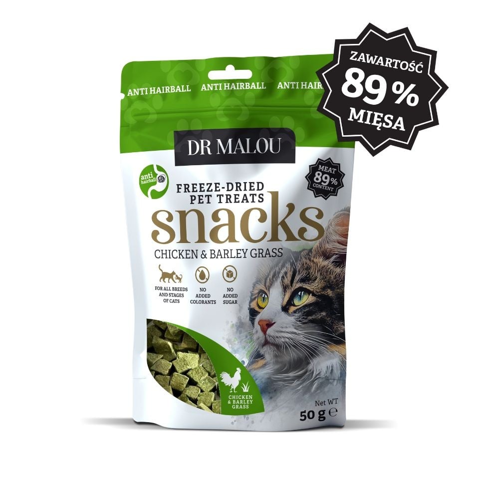 DR MALOU gefriergetrocknete Snacks mit Huhn und Gerstengras für Katzen 50g