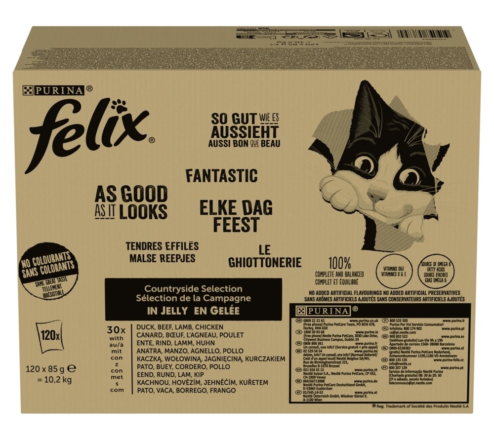 FELIX Nassfutter in Gelee Mix Fleisch Rind, Huhn, Ente und Lamm, Nassfutter für Katzen 120x85g