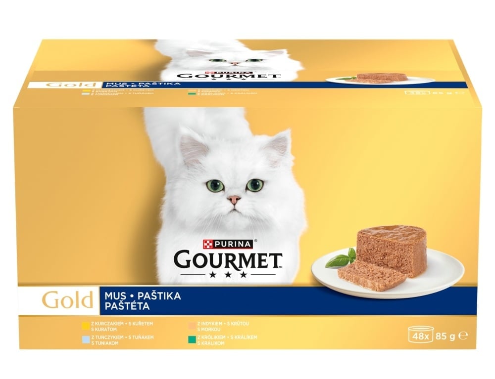 PURINA GOURMET Gold Mousse Nassfutter mit Huhn, Thunfisch, Pute und Kaninchen für adulte Katzen 48x85g