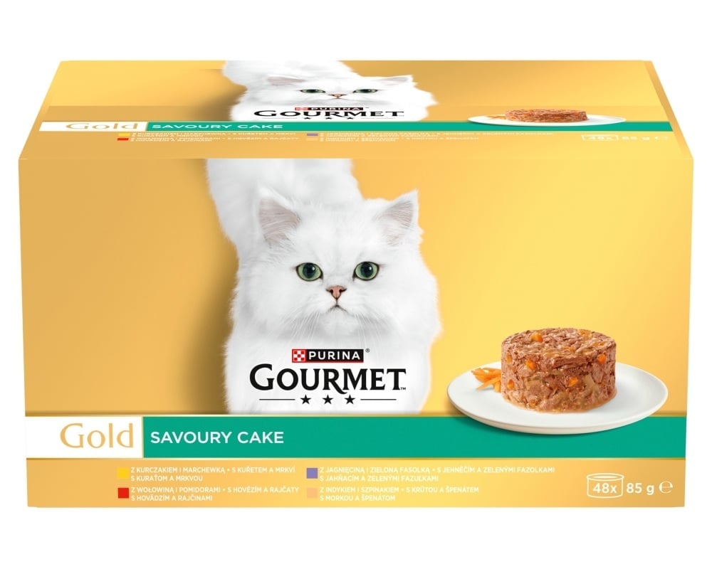 PURINA GOURMET Gold Savoury Cake Nassfutter mit Huhn, Rind, Lamm und Pute für adulte Katzen 48x85g