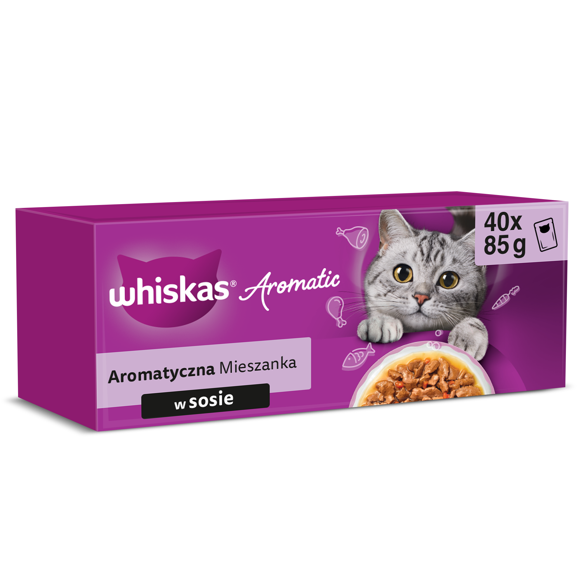 WHISKAS Aromatische MIX für adulte Katzen Nassfutter in Soße mit Schweinefleisch und Karotten, Hühnchen, Seefisch in Brühe, Lachs und Erbsen 40x85 g