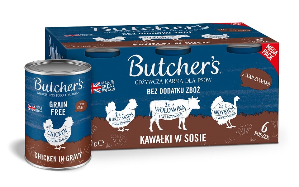 BUTCHER'S Original Recipe in gravy Gemischte Aromen mit Gemüse 6x400 g Stücke in Sauce mit Rind, Pute und Huhn für Hunde