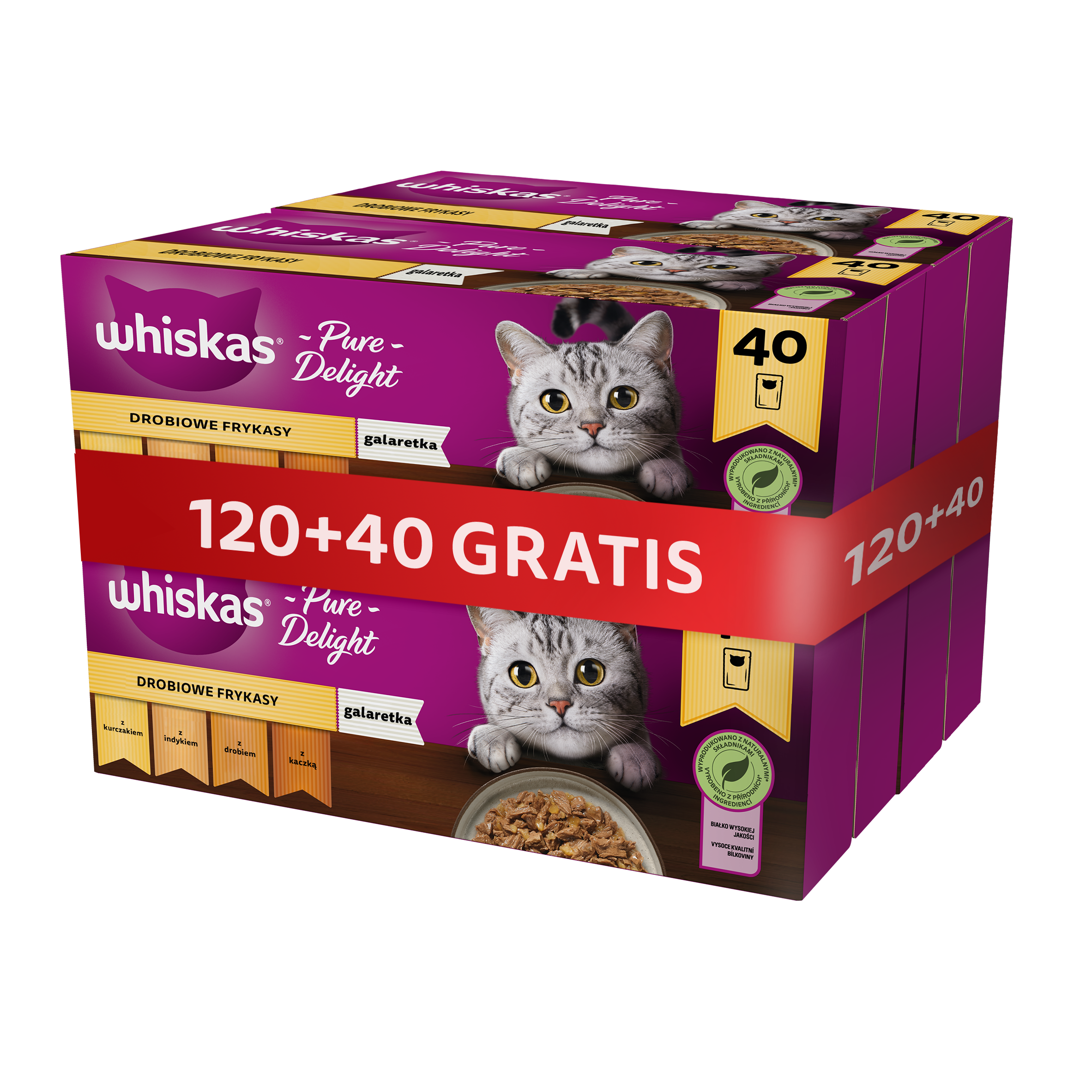WHISKAS Adult 120x85g Nassfutter für Katzen mit Geflügelgeschmack in Gelee (mit Huhn, Ente, Geflügel, Pute) + 40 Beutel GRATIS