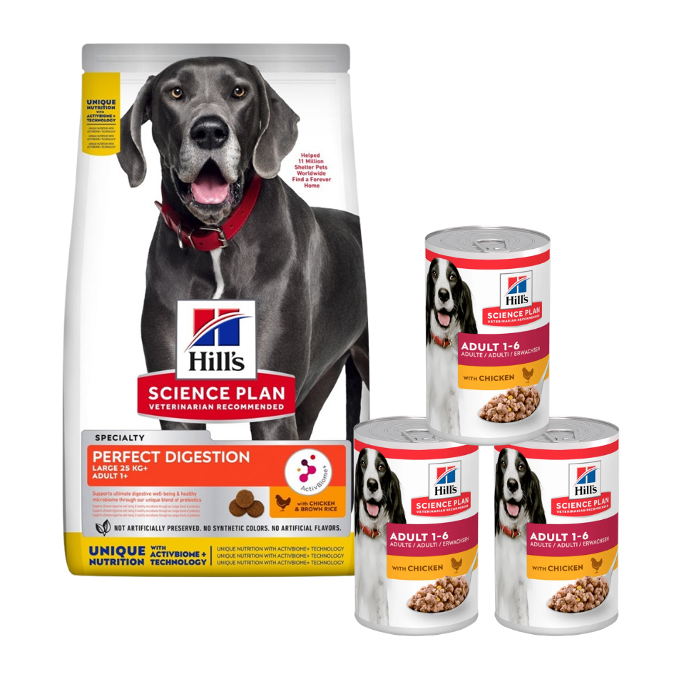 HILL'S Science Plan Canine Adult Large Perfect Digestion Chicken and Brown Rice 14kg Futter für gesunde Verdauung für große Hunde + 3 Dosen GRATIS