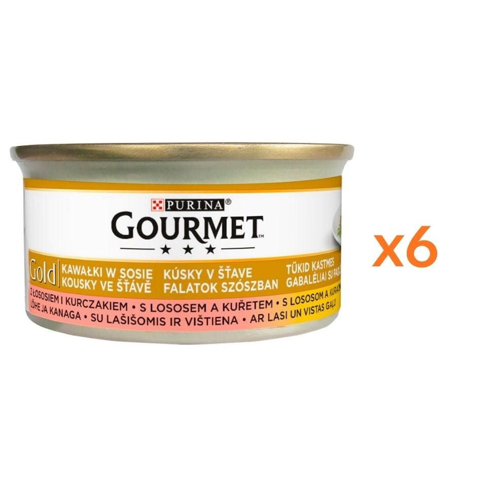 GOURMET Gold Nassfutter mit Lachs und Huhn in Soße für adulte Katzen 6x85 g