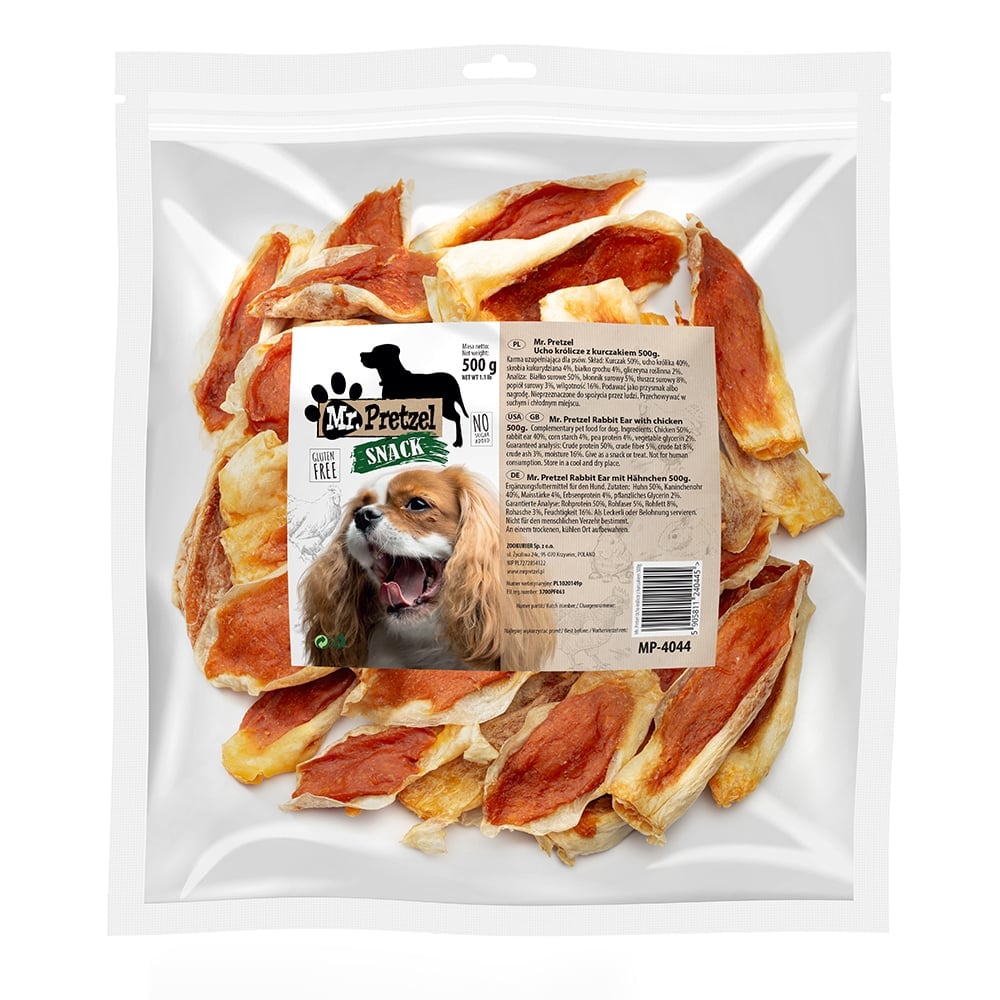 MR. PRETZEL Kaninchenohren mit Huhn Snacks für Hunde 500g