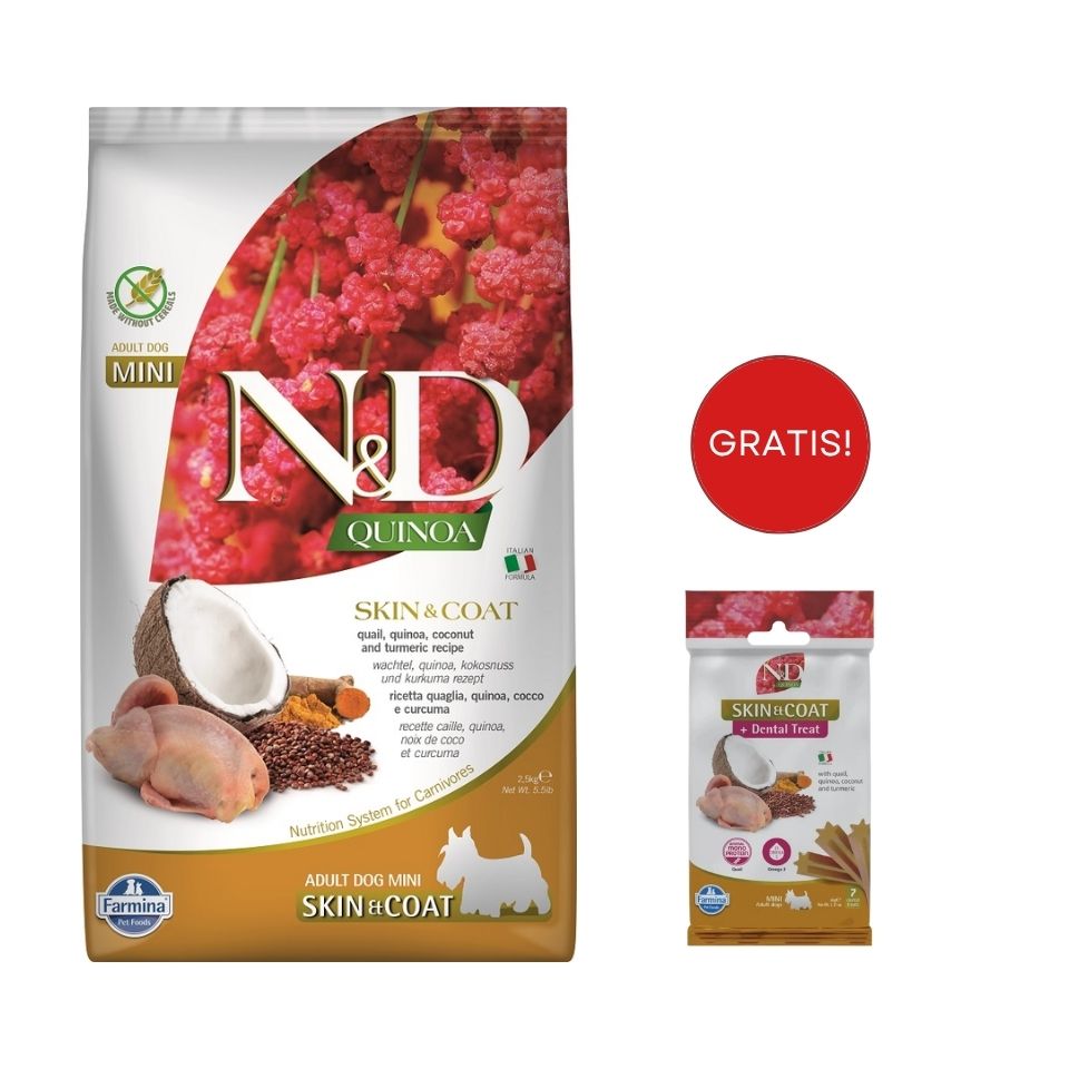 FARMINA N&D Quinoa Dog Skin&Coat Adult Mini quail, coconut 2.5 kg + Snack Dental Treat Skin Coat Quail Mini 60 g GRATIS!