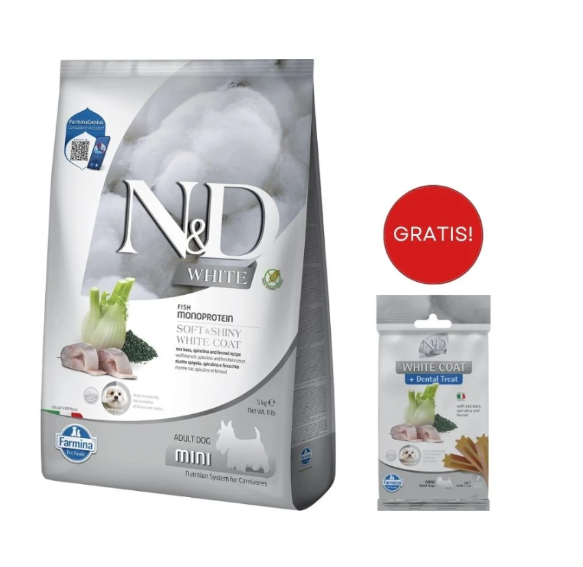 FARMINA N&D White Dog Adult Mini Sea Bass, Spirulina, Fennel 5 kg + Snack Dental Treat Coat Sea bass Mini 60 g GRATIS!