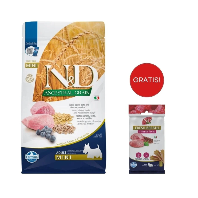FARMINA N&D Ancestral Grain Lamb & Blueberry Adult Mini dog 2.5 kg + Snack Dental Treat Fresh breath Mini 60 g GRATIS!