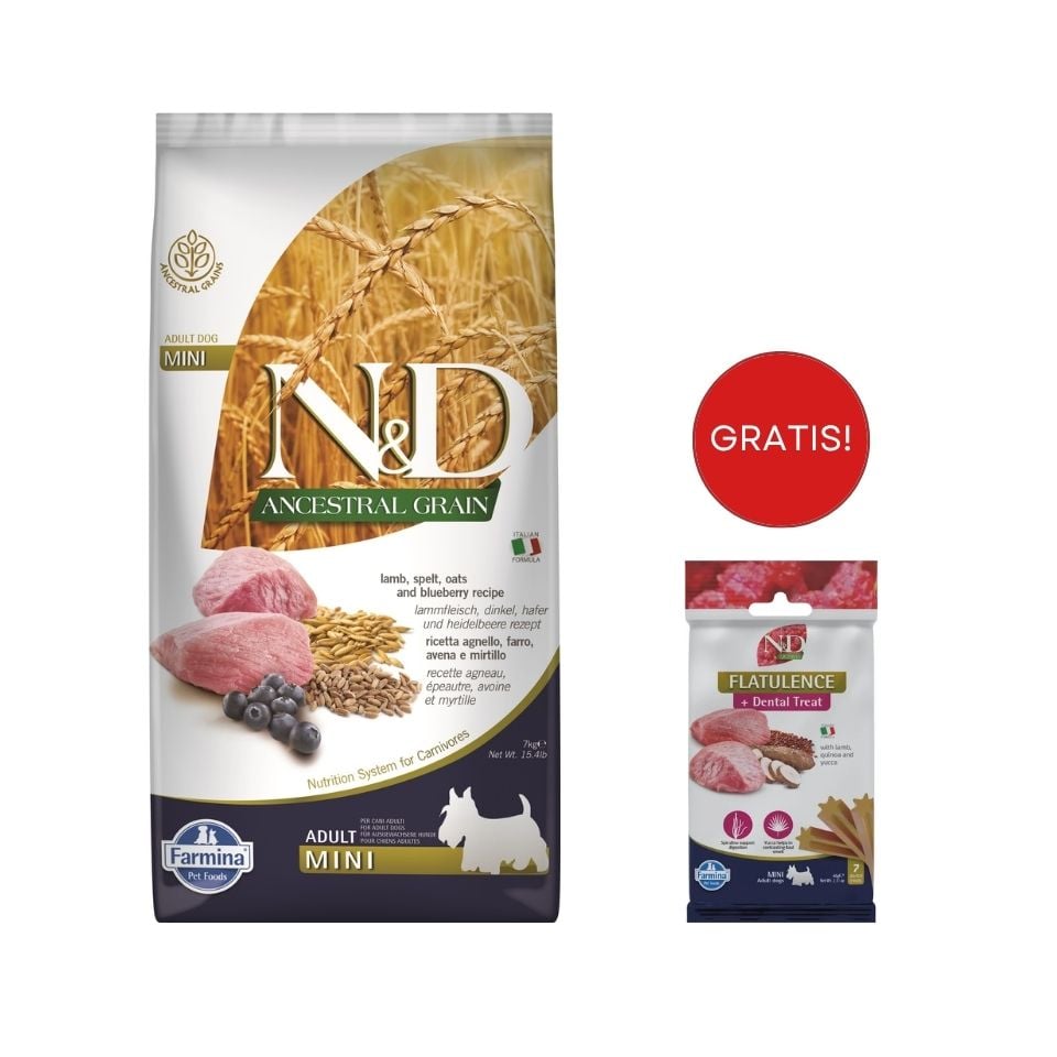 FARMINA N&D Ancestral Grain lamb & blueberry Adult Mini dog 7 kg + Snack Dental Treat Flatulence Mini 60 g GRATIS!