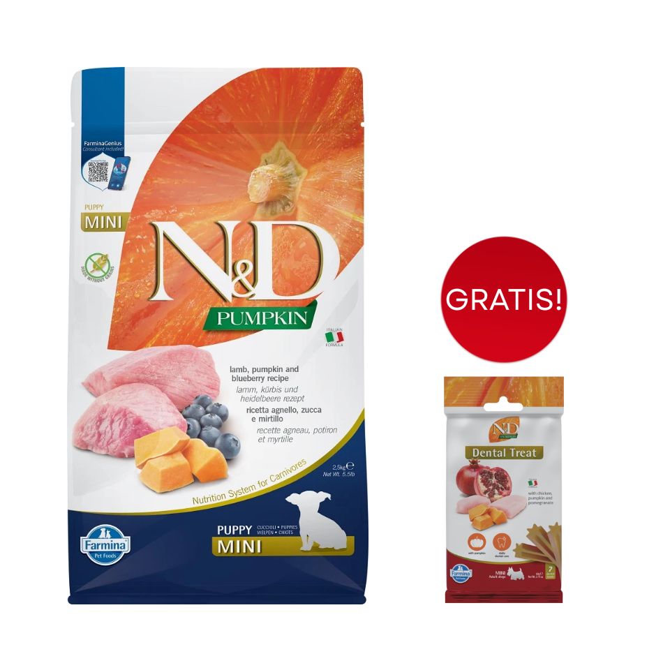 FARMINA N&D GF Pumpkin Lamb & Blueberry Puppy Mini 2.5 kg + Snack Dental Treat Chicken Pomegranate Mini 60 g GRATIS!