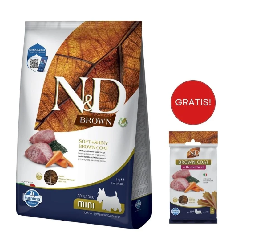 FARMINA N&D Brown Dog Adult Mini Lamb, Spirulina, Carrot 5 kg + Snack Dental Treat Coat Lamb Mini 60 g GRATIS!