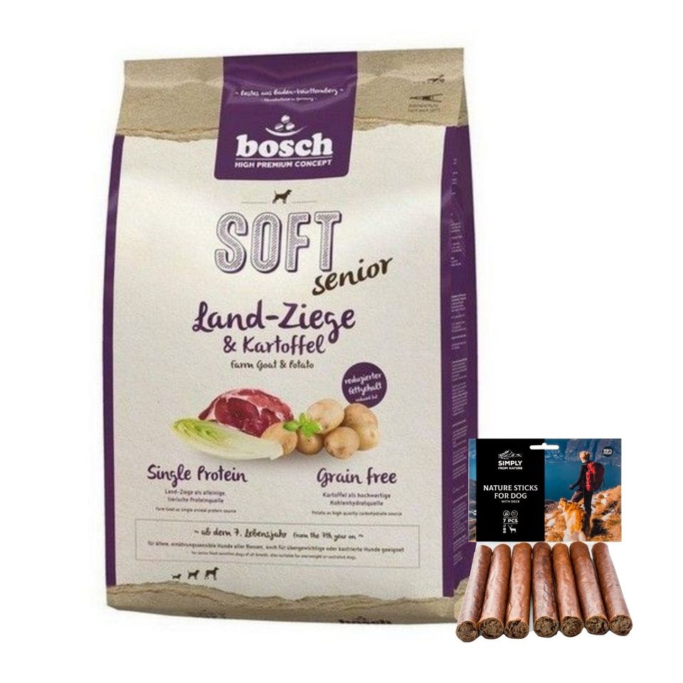 BOSCH SOFT Senior Land-Ziege & Kartoffel 12.5 kg + SIMPLY FROM NATURE Snacks mit Hirsch 7 St