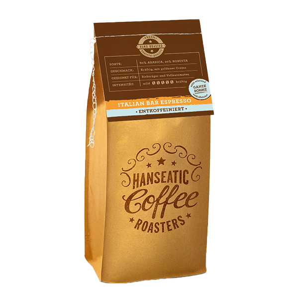 Hanseatic Coffee Company Italian Bar Espresso entkoffeiniert, 250g ganze Bohne