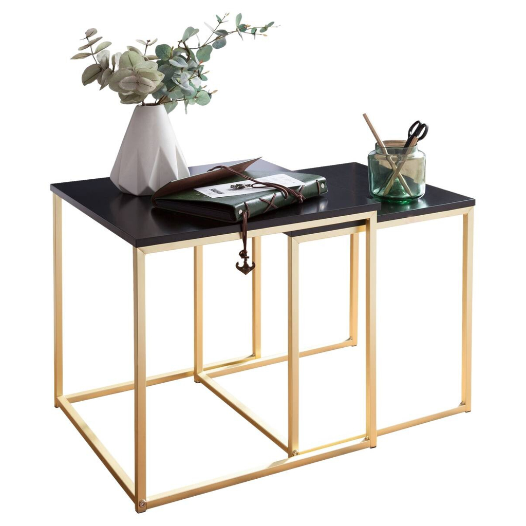Beistelltisch 2er-Set schwarz Lack matt gold lackiert MDF Metall