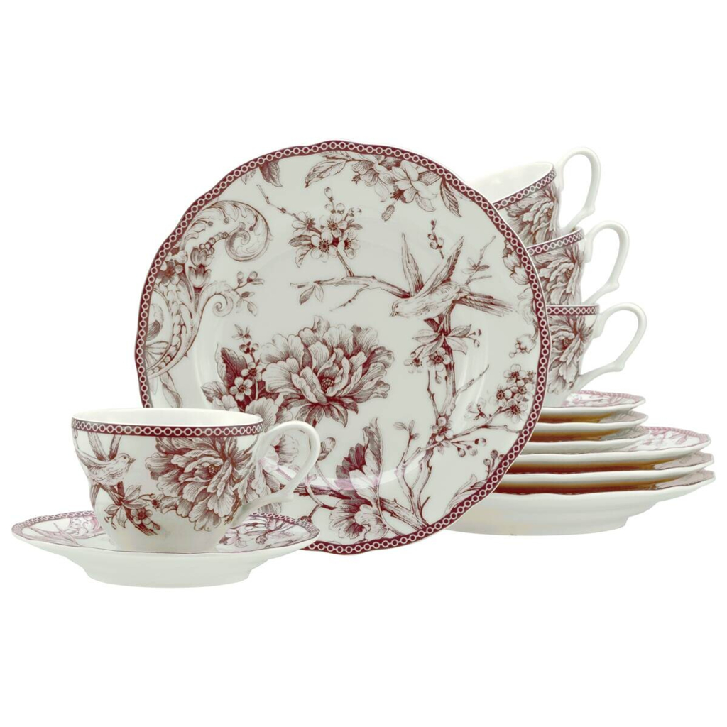CreaTable Kaffeeservice Adelaide Rot weiß Porzellan 12 tlg.