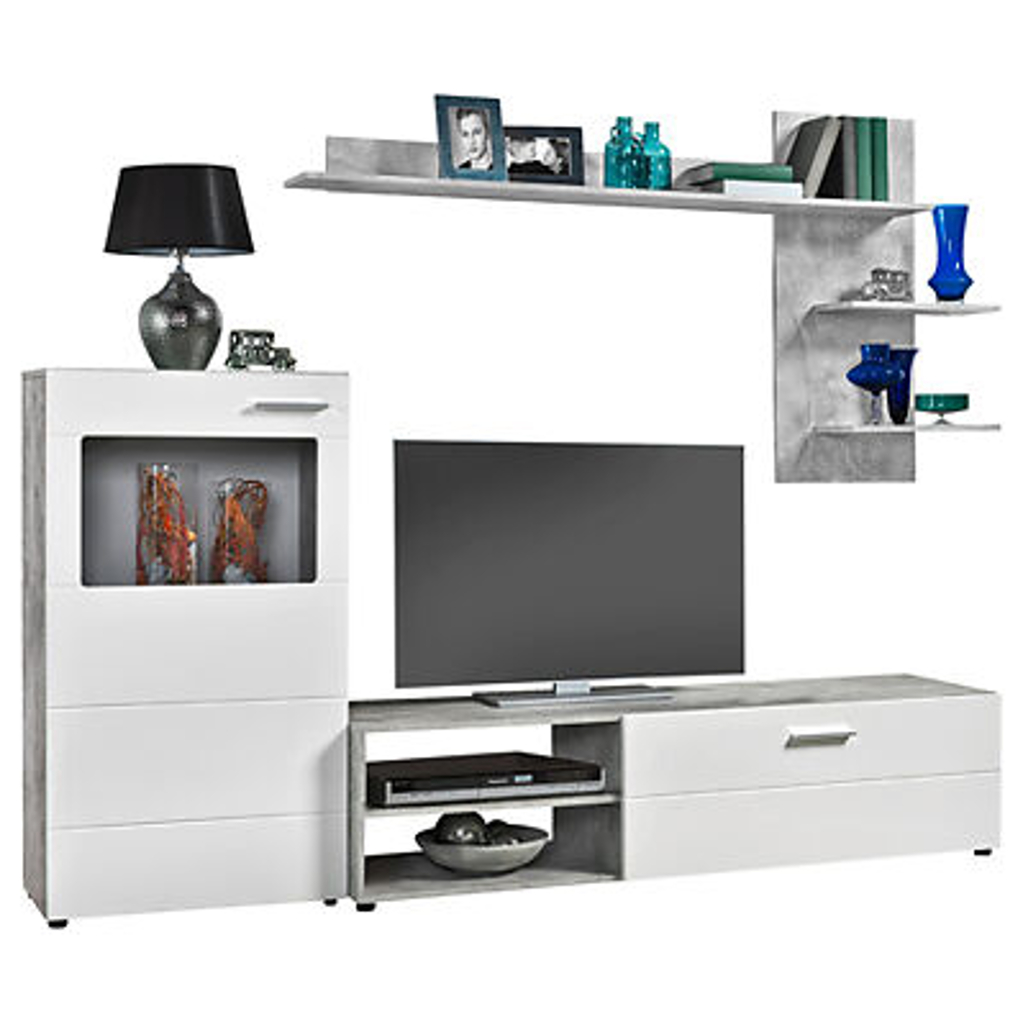 Wohnwand Imola Beton Optik weiß Hochglanz B/H/T: ca. 210x180x40 cm