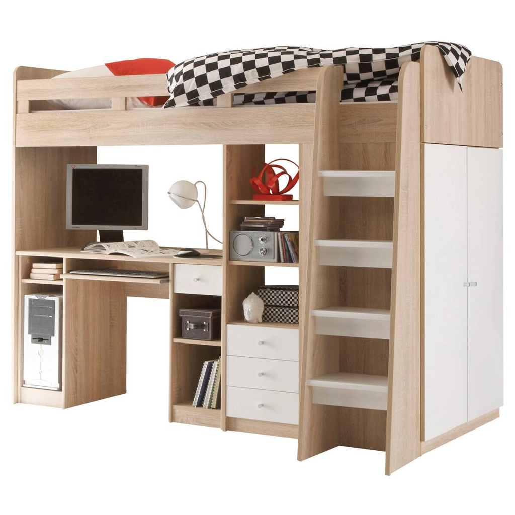 Hochbett Unit weiß Eiche Sonoma Nachbildung Liegefläche B/L: ca. 90x200 cm