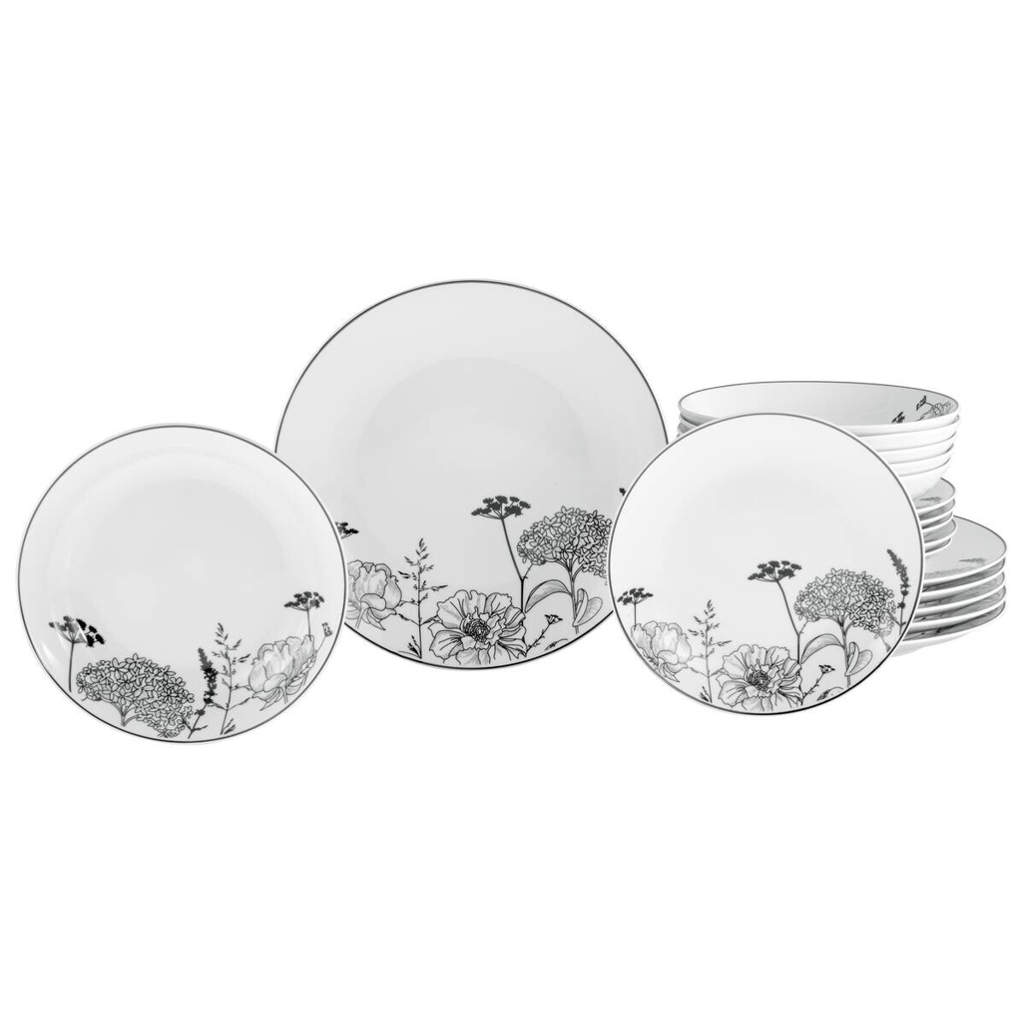 CreaTable Tafelservice Luna Black Flower weiß Porzellan 18 tlg.