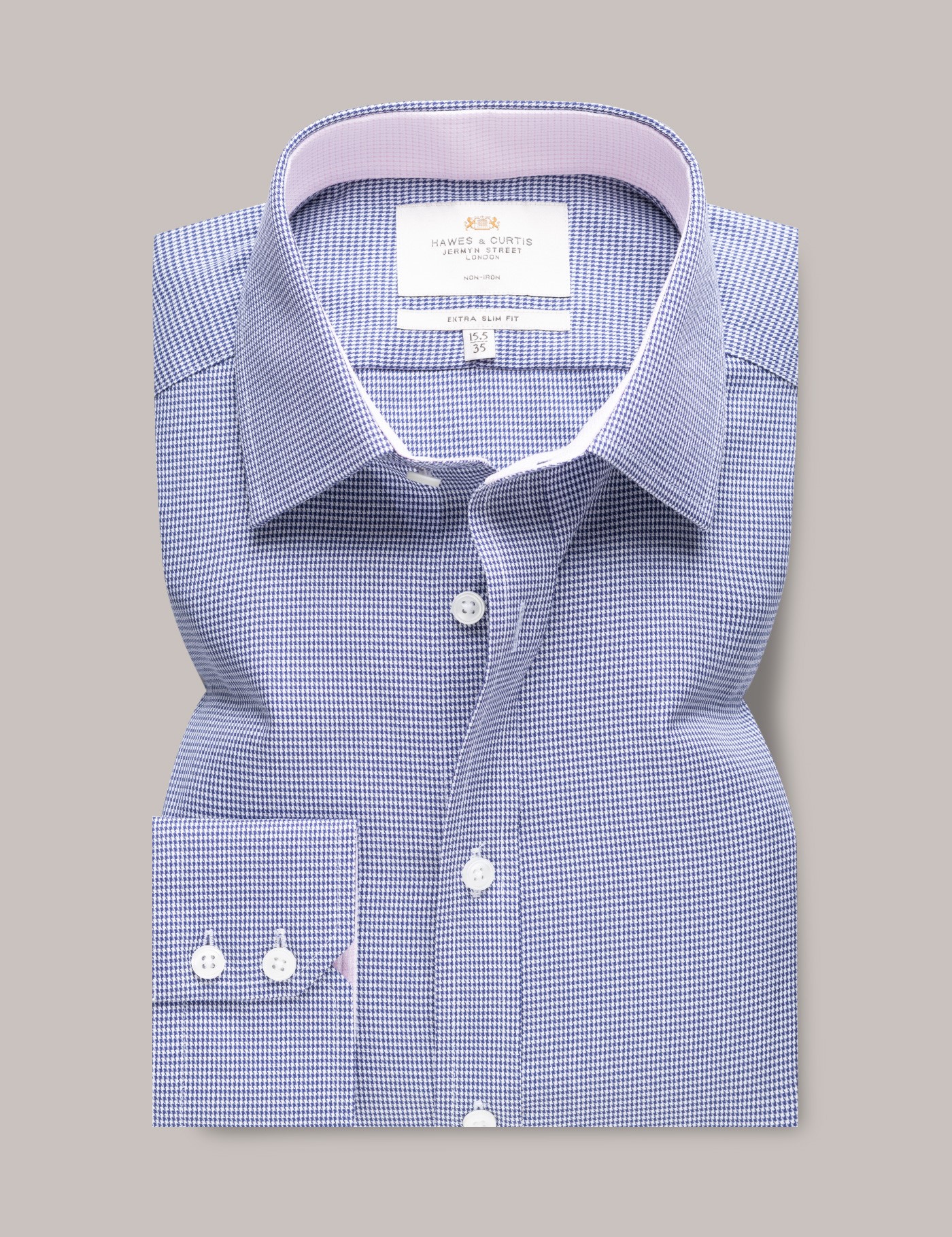 Hawes & Curtis Extra Slim Fit Marineblau & Weiß Vichy-Karo Bügelfreies Businesshemd | Kontrastdetail Size: 38cm Kragen, 89cm Ärmel