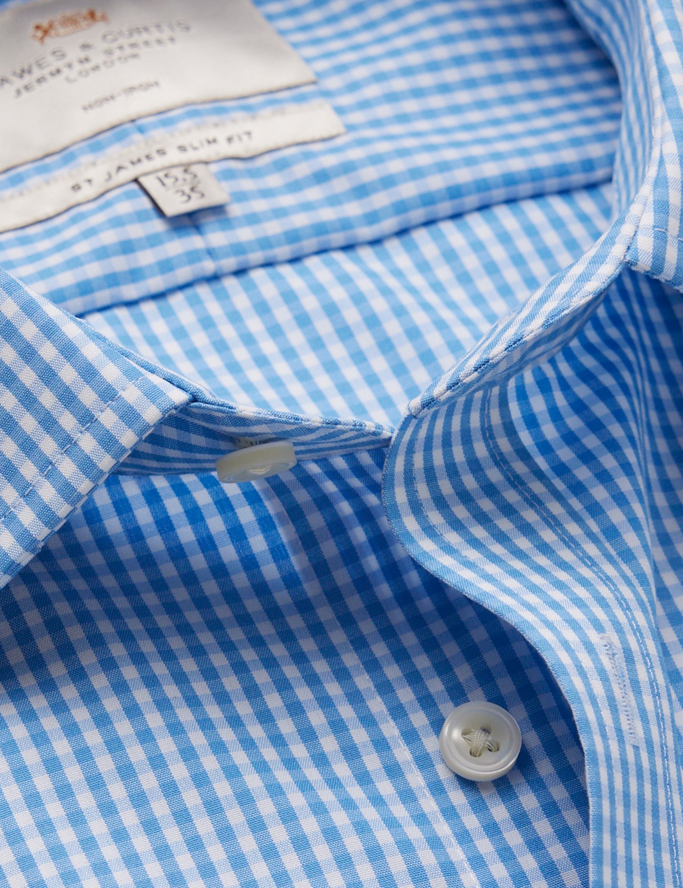 Hawes & Curtis Slim Fit Blau & Weißes Vichy Karo Bügelfreies Businesshemd Size: 39cm Kragen, 86cm Ärmel