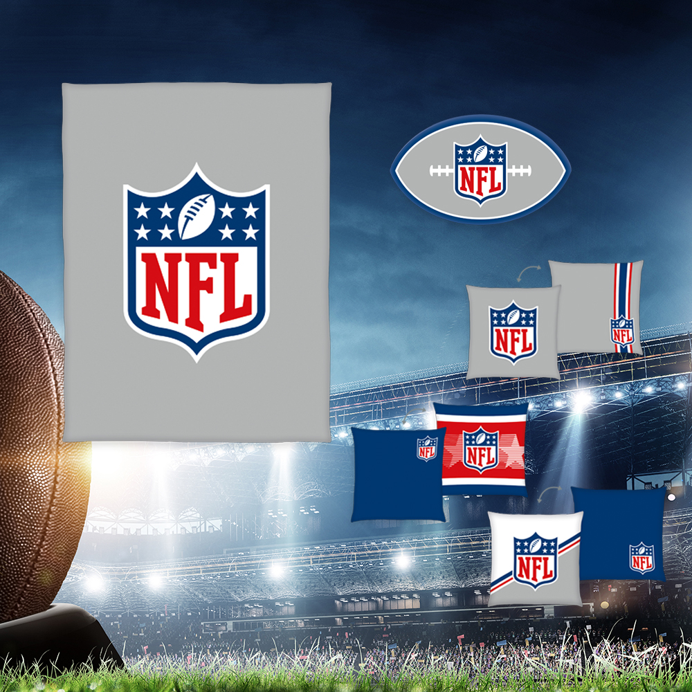 NFL Fanpaket – Decke 150x200 cm, Konturenkissen & 3-teiliges Dekokissen-Set