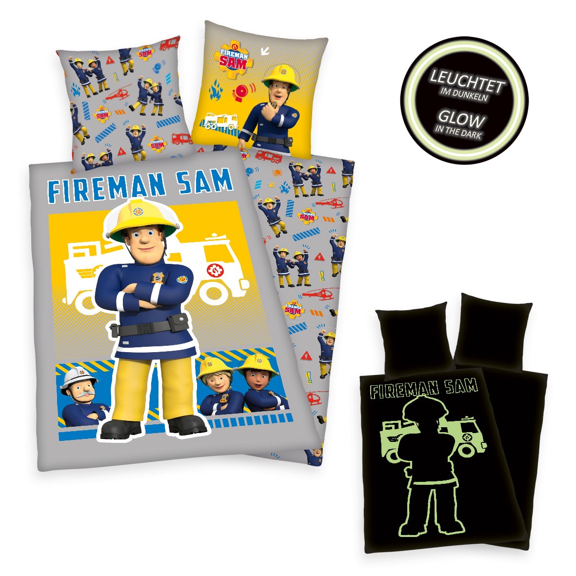 Feuerwehrmann Sam Bettwäsche-Set 'Glow Grey' Glow in the Dark – 135x200 cm, Renforcé
