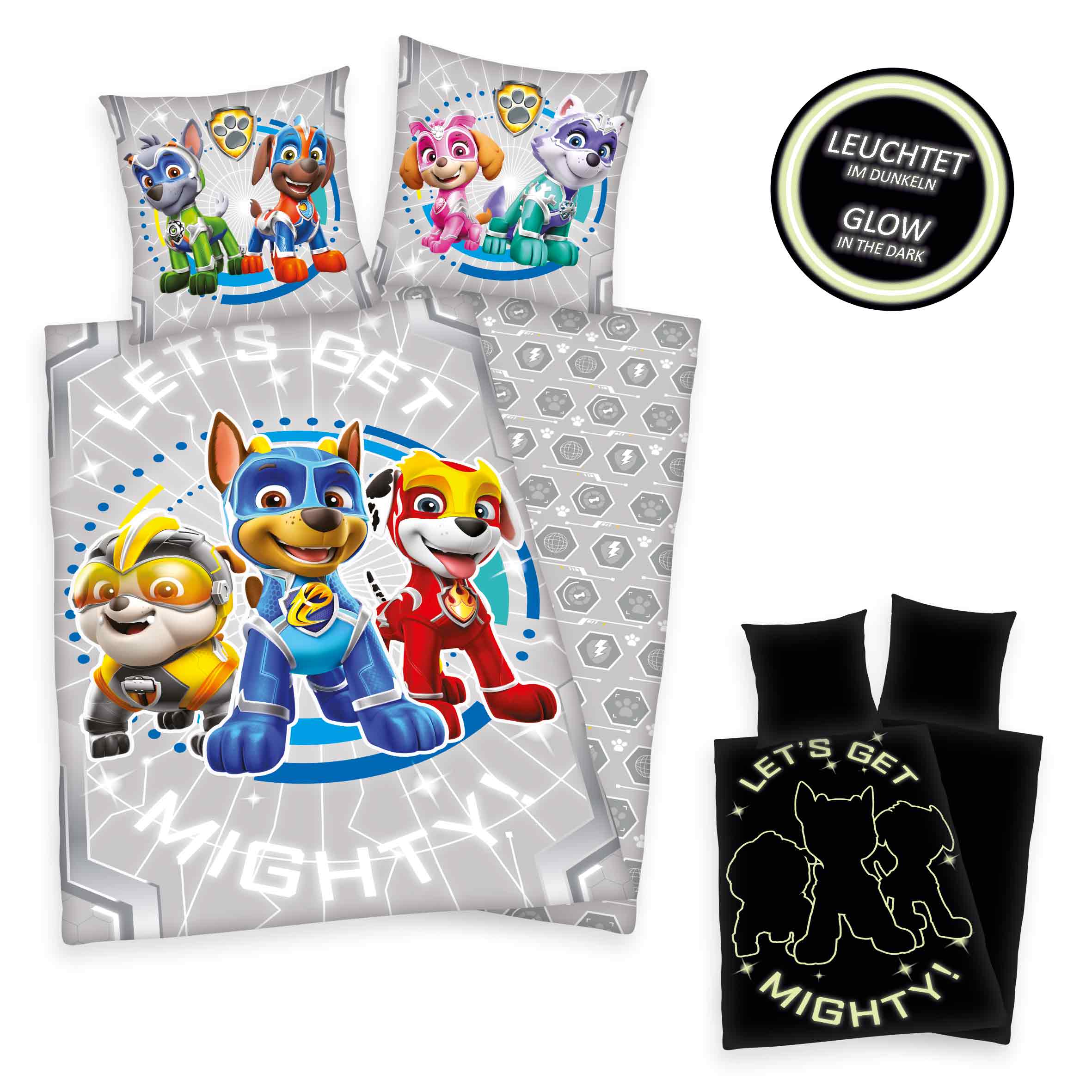 Paw Patrol Bettwäsche-Set 'Mighty Pups' Glow in the Dark – 135x200 oder 140x200 cm, Renforcé