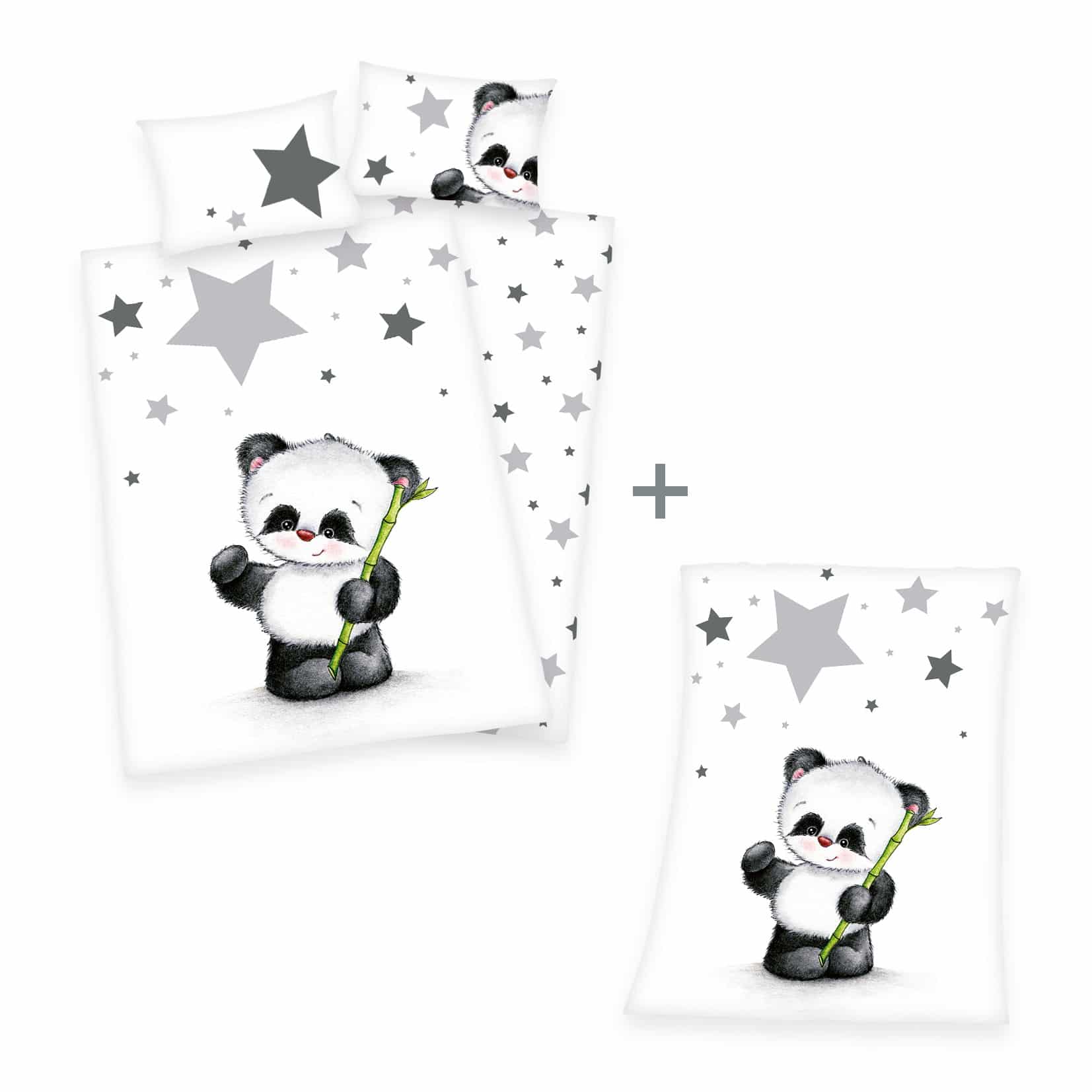 babybest® Produktset 'Panda' – Bettwäsche 100x135 cm, Renforcé & Kuscheldecke 75x100 cm