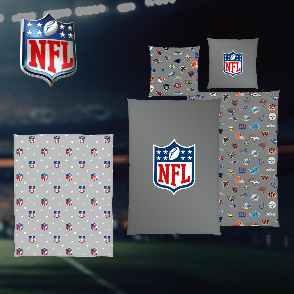 NFL Chill & Sleep – Bettwäsche ‘All Teams Grey’ + Kuscheldecke ‘NFL Stars’