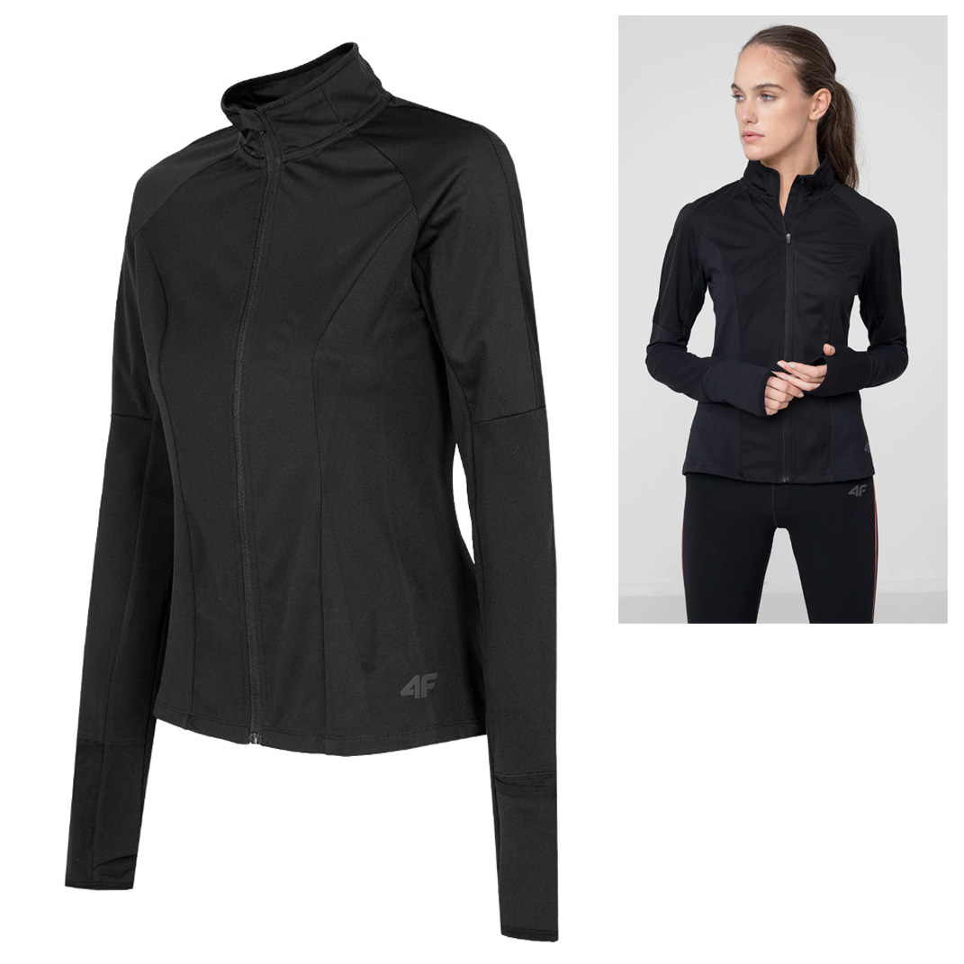 4F - Damen Sport Fitnessjacke, Laufjacke mit Daumenloch, schwarz