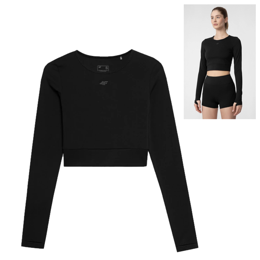 4F - Damen Sport Langarmshirt Yoga Longshirt, schwarz