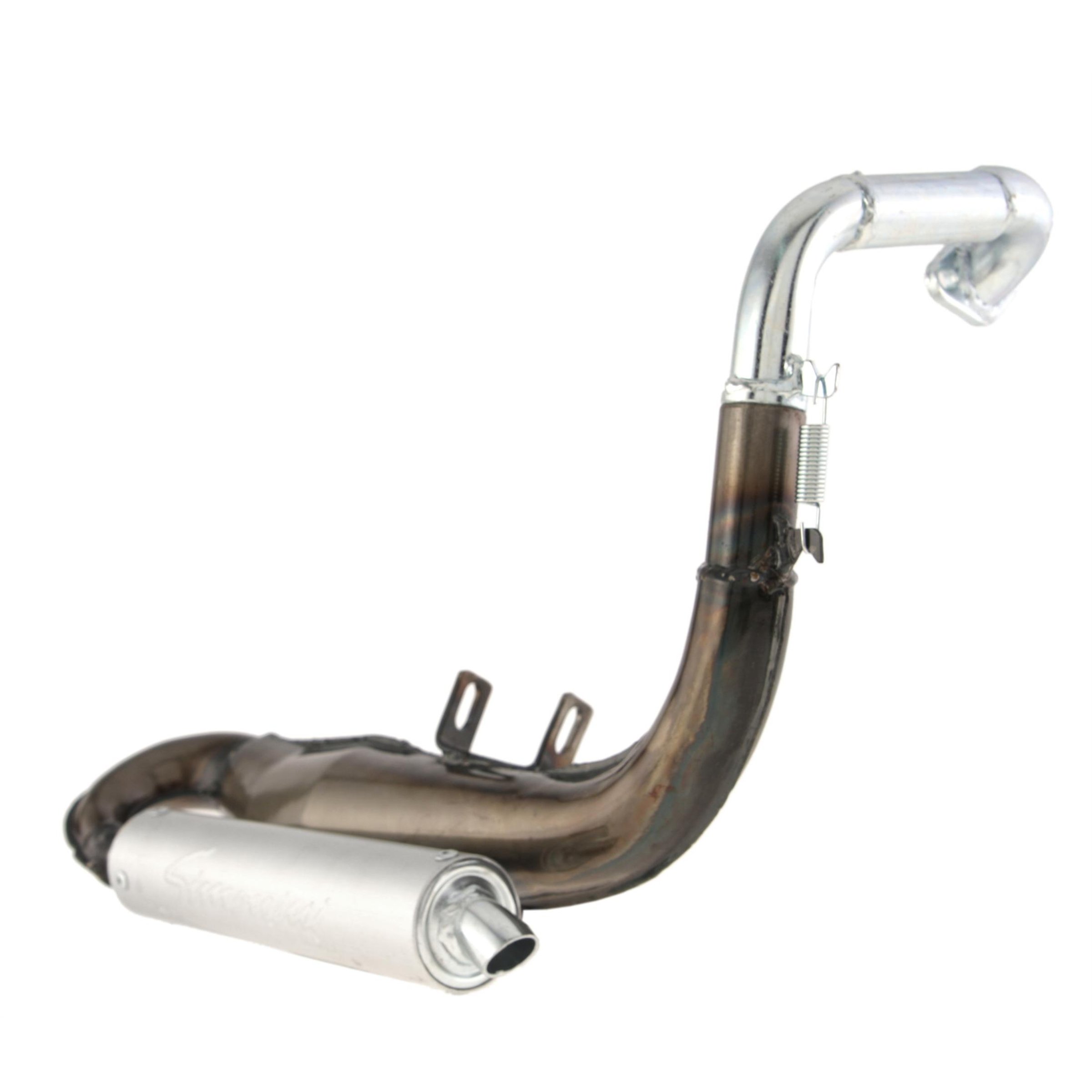 Rennauspuff SIMONINI, Material: Stahl klarlackiert, Dämpfer: Aluminium Farbe (ESD): silber für Vespa 50/N/L/R/S/Special/SR/SS